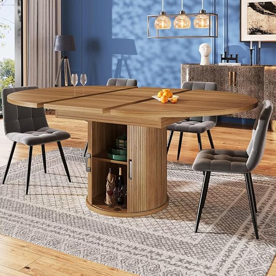 DRIXNO Multi-functional Extendable Dining Table, Round to Oval 118-158cm with Under-table Storage Cabinet, 4-6 Seater Kitchen & Dining Room Table, Modern Walnut MDF, Space Saving Design for UK Homes
