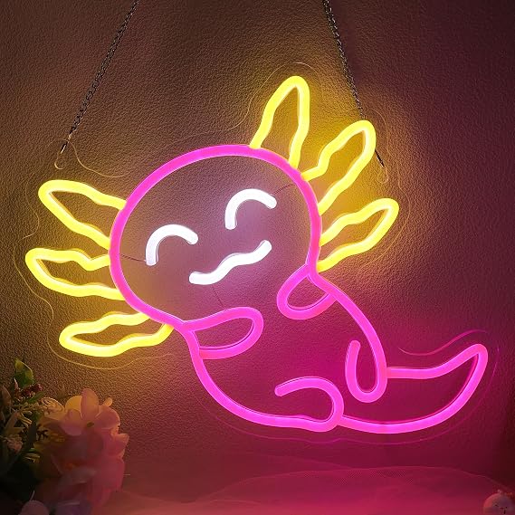Pink Axolotl Neon Light for Bedroom, Okayera Cute Animals LED Wall Decor, Gamer Room Decor, Kawaii Night Light Gift for Kids & Axolotl Lovers, Soft Glow Desk Lamp USB-Powered