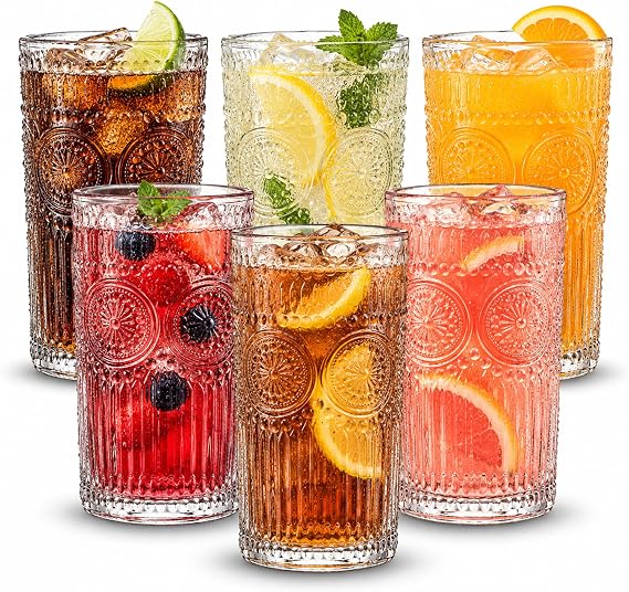 simpa Lucente Vintage Embossed Highball Drinking Glasses 380ml Set of 6