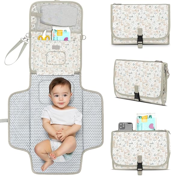 KeaBabies Portable Diaper Changing Pad - Large Waterproof Baby Changing Mat, Compact Travel Diaper Clutch, Functional Pockets, Fits Newborn Essentials Baby Changer with Wipe Pad Prairie