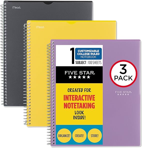 Five Star İnteraktif Not Alma Spiral Defterler, 3 Paket, 1-Konu, Kolej Çizgili Kağıt, 11" x 8-1/2", 100 Sayfa, Özelleştirilebilir Kapak, Siyah, Ametist Mor, Hasat Sarı (820196-ECM)