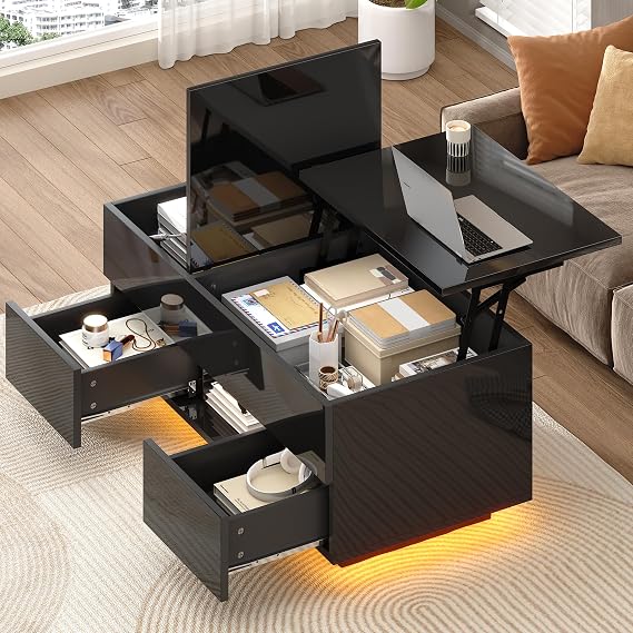 Lift Top Coffee Table with LED Lights, High Gloss Coffee Table for Living Room, Centre Table Living Room with 2 Drawers, Tea Table with Storage, Black(100x45x43cm)