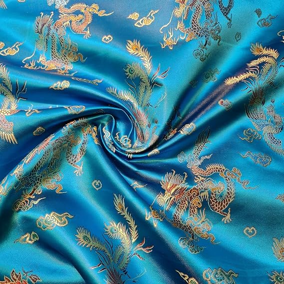 Oriental Dragon & Floral Chinese Brocade Fabric – Premium Poly-Silk Satin | Embroidered Material for Dressmaking, Crafts & Upholstery | 36" (100cm) Wide | 1 Meter Pre-Cut (Turquoise Dragon)