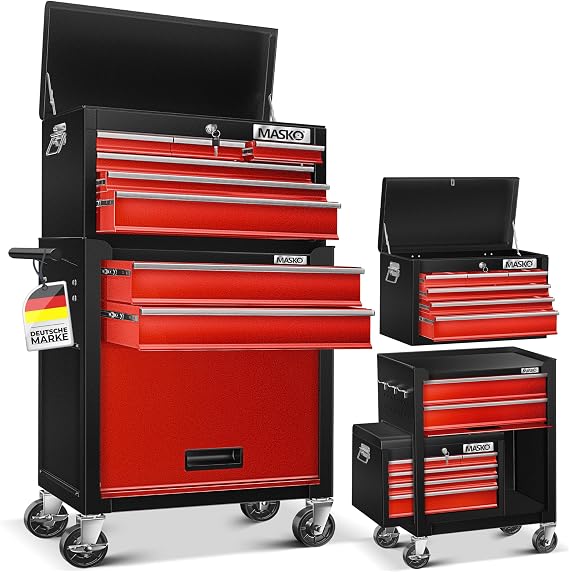 MASKO® Workshop Trolley incl. Suitcase – 9 compartments Lockable Solid metal ¨ Mobile tool trolley without tools ¦ Professional workshop trolley for tool storage with lock red