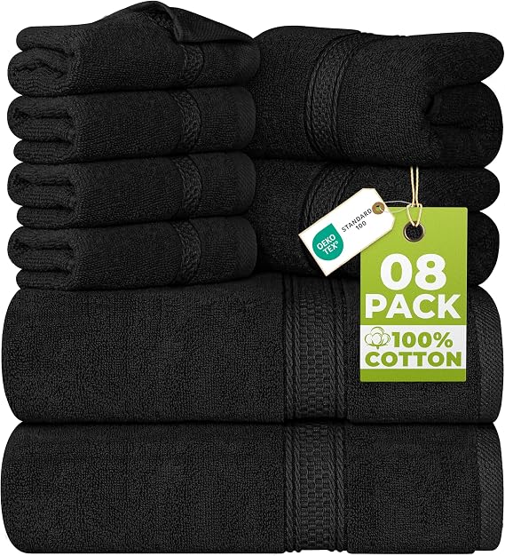 Utopia Towels 8 Piece Towel Set - 2 Bath Towels, 2 Hand Towels and 4 Washcloths Cotton Hotel Quality Super Soft and Highly Absorbent (Black)