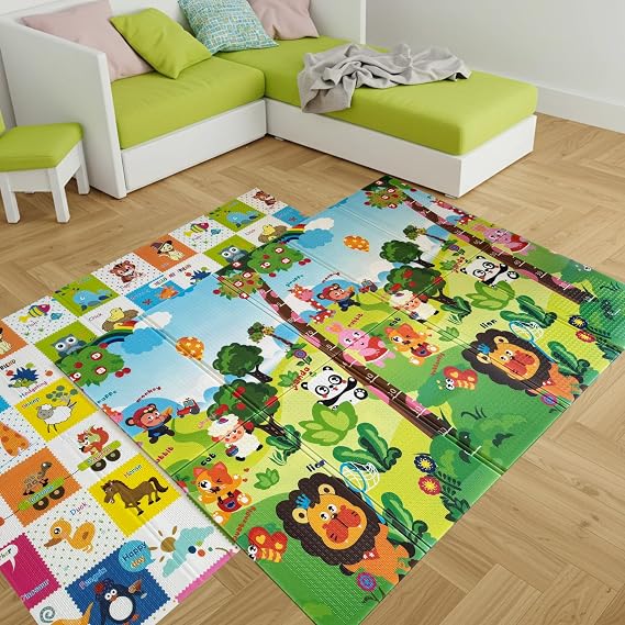 Happy Jungle Çift Taraflı Katlanabilir Oyun Halısı ve Matı Premium Seri – Taşıma Çantalı (200X180)