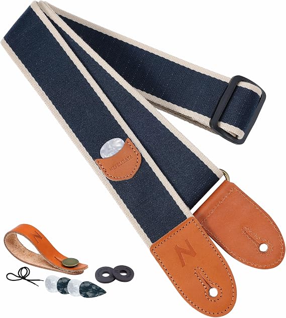 Nefelibata Guitar Strap, Cotton Full Grain Leather Ends Guitar Straps with Pick Pocket for Bass, Electric & Acoustic Guitar, Come with Strap Button, 1 Pair Strap Locks and 4 Guitar Picks