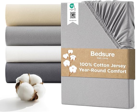 Bedsure Double Fitted Sheet Deep - 100% Cotton Jersey, 40cm, Grey