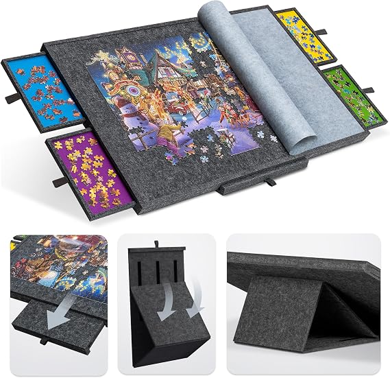 Tektalk Jigsaw Puzzle Table with Integrated Adjustable Stand/Bracket, 3-Tilting-Angle Puzzle Plateau with Cover & 4 Sorting Drawers, Super Lightweight Felt Puzzle Board, for Up to 1500 Pieces - Gray