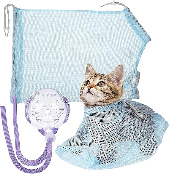 Cat Bathing Bag Adjustable Breathable Mesh Grooming Wrap with Muzzle