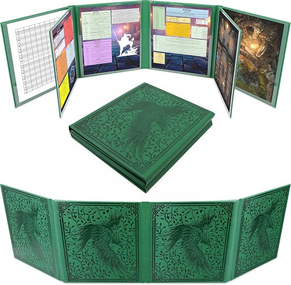 CASEMATIX 8-Panel Deluxe Dungeon Master Screen for DND & TTRPGs – Faux Leather Folding DM Screen with 2 Swinging Panels, Wet-Erase Pockets & Compact Tabletop RPG Design – Green