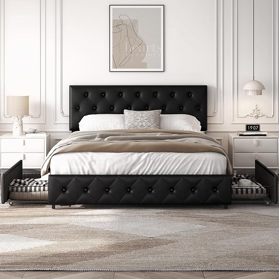 Yaheetech Upholstered Leatherette Bed with Storage 16 x 200 cm Black