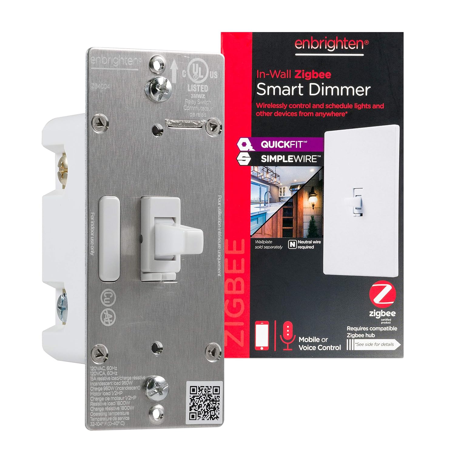 Enbrighten Zigbee Smart Light Dimmer with QuickFit and SimpleWire, Echo 4th Generation, Echo Show 10 All, Echo Studio, Echo Plus All, Eero Pro 6 Toggle, White 43090