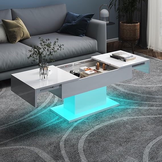 KEEPREAPER White Coffee Table with Storage High-Gloss Modern Coffee Table