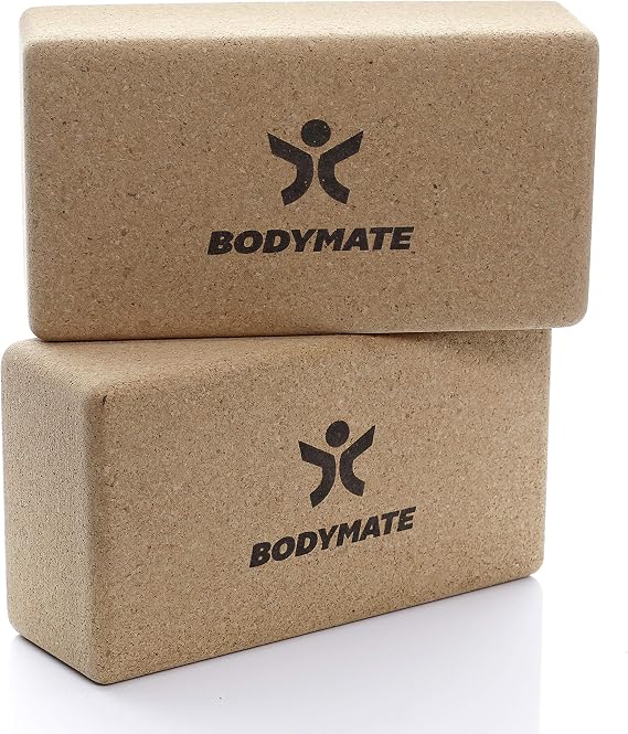 BODYMATE Cork Yoga Blocks, Set of 2, Natural, Non-slip, Lightweight, Support for Asanas, Meditation & Relaxation Exercises, 22 x 12 x 7.5cm