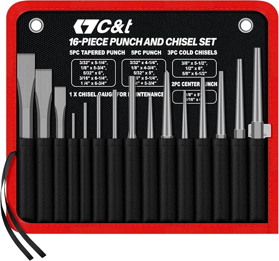 C&T 16-Piece Punch and Chisel Set with Storage Pouch, Including Taper, Cold Chisels, Pin, Center, Chrome Vanadium Steel