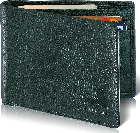 RFID Bifold Leather Wallet for Men with Flip Up ID in Vintage Buffalo Brown, Buffalo Wild Green Trail, Classic