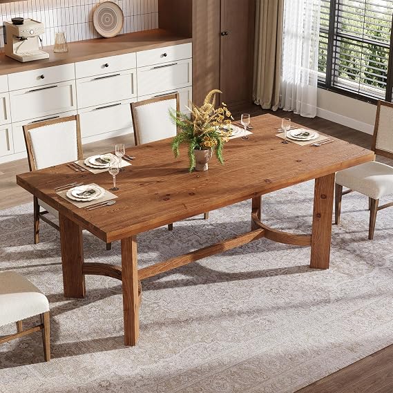 63" Solid Wood Dining Table, Farmhouse Rectangular Kitchen Table for 4-6, Walnut Dinner Table with Thick Tabletop, Sturdy Modern Design for Dining Room, Kitchen
