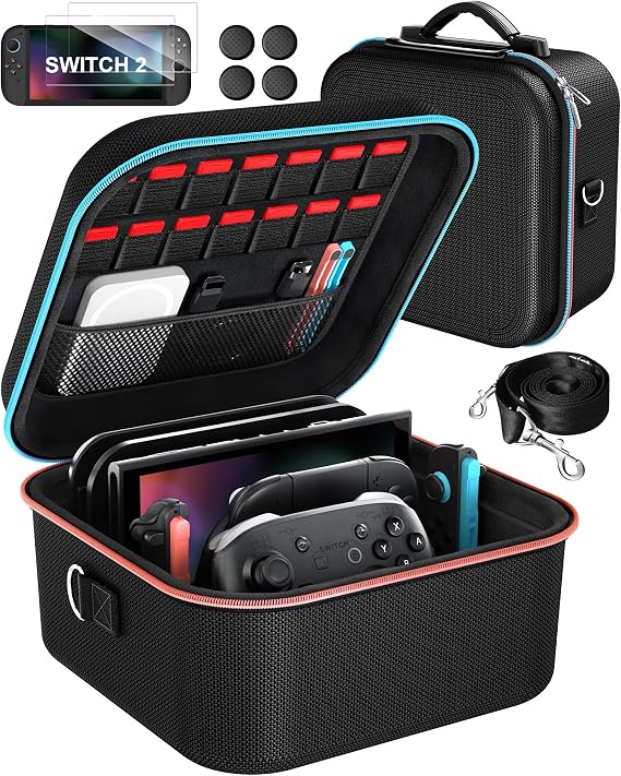 ivoler All-in-One Compact Carrying Case for Nintendo Switch 2(2025),Hard Shell with 2-Pack Screen Protector &2-Set of Thump Grips,Hold 14 Game Cartridges & Includes Strap,Black