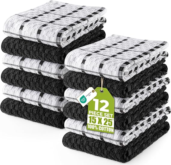 Utopia Towels Kitchen Towels, 15 x 25 Inches, 100% Ring Spun Cotton, Super Soft and Absorbent Dish Towels, Tea Towels & Bar Towels, (Pack of 12) (Black & White)