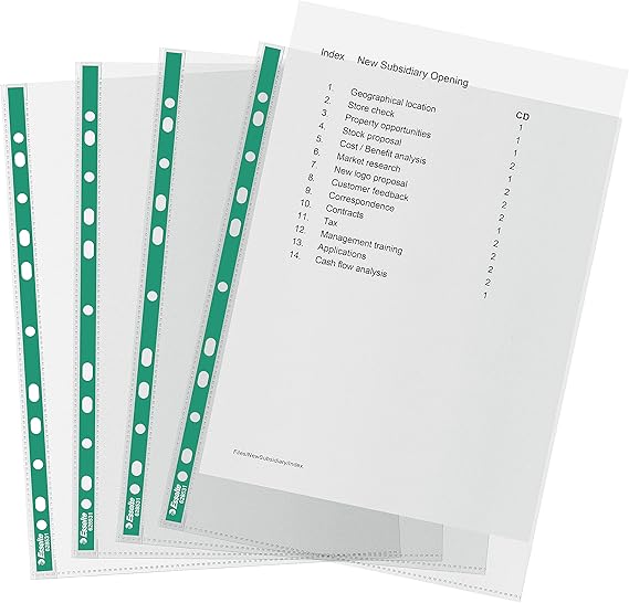 Esselte A4 Punched Pockets, 100 x Poly Pockets, 34 Micron Thickness, Clear Embossed A4 Pockets With Punched Reinforced Green Spine, Ideal For Lever Arch Files & Ring Binders (Pack of 100), 628531
