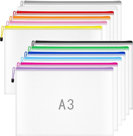A3 Zip Wallets Plastic Wallet A3 Document Folder Zipper Bags Large Ziplock Bag Mesh Zip Bag for School Office Travel Storage - 12 Colours