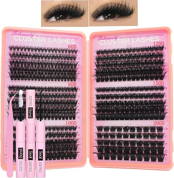 Cluster Lashes Kit 60D 80D 100D 120D 150D 200D Lash Extension Kit Lashes Clusters Kit Volume D Curl Clusters DIY Cluster Eyelash Extensions With Bond and Seal Tweezers(60D-200D,Kit)