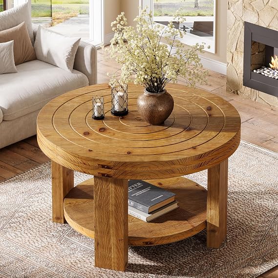 Round Coffee Table, 2-Tier Solid Wood Center Table with Storage, Farmhouse Furniture for Living Room, Natural Brown with Annual Ring Look, Easy Assembly, 80 x 80 x 50 cm