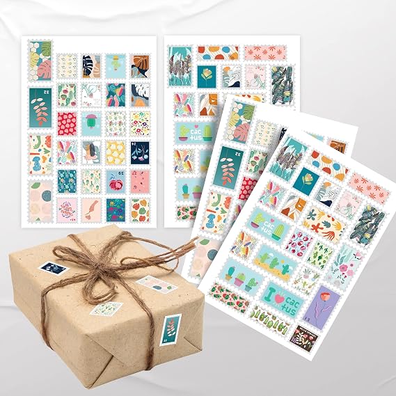 colortouch Paketleme Çıkartmaları - Hediyeler için Pul Görünümlü Sticker - 55 adet Farklı Boyutlarda - Renkli Etiketler - Pul Görünümlü Doğa Serisi Çıkartmalar
