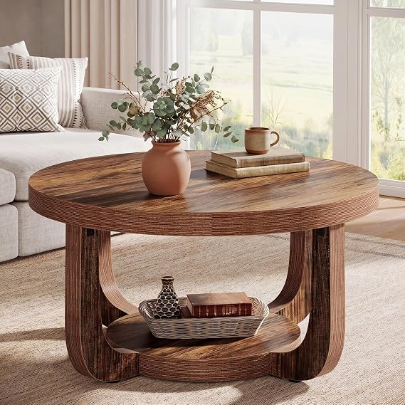 LITTLE TREE Round Coffee Table 80 cm 2-Tier Living Room Table with Shelf