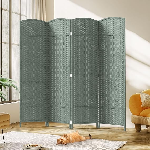 JOSTYLE Folding Privacy Room Divider, 4 Panel Screen Divider 6 ft. Tall Freestanding Extra Wide Rattan Room Partition Wall Separation Dividers, Grey
