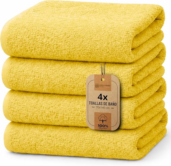 NatureMark Set of 4 Shower Towels – Soft and Absorbent Towels 100% Cotton, Suitable for Daily Use – Yellow, 70 x 140 cm