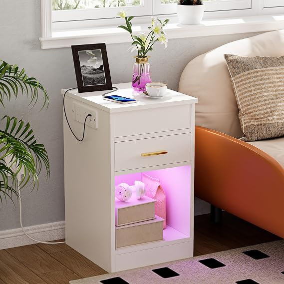 Bedside Table with Power Socket 35x40x60 cm Nightstand with RGB light End Table 1 drawers and 1 Big Storage compartments for Bedroom Living Room White
