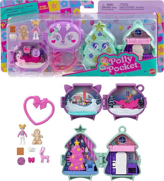 Polly Pocket mini oyuncaklar Mikro bebek, aksesuarlar, evcil hayvan figürü ve klipsli seyahat oyuncağı içeren ve üst üste koyulabilen yılbaşı temalı kompakt oyun setleri paketi, JGM53