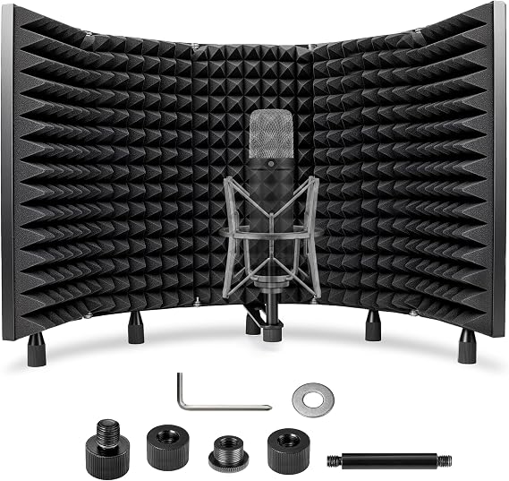 CAHAYA Microphone Isolation Shield Foldable - Sound Absorbing Reflector with 3/8" and 5/8" Adapters Portable Microphone Shield for Studio Recording, Podcasting, Singing, Streaming, Black