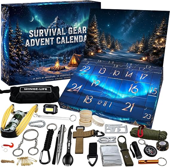 Survival Kit Advent Calendar for Men - Essential Outdoor Tools for Adults and Teens - 24 Days Christmas Countdown Outdoor Gadgets for Camping, Hiking, Emergencies, Advent Calendar 2025
