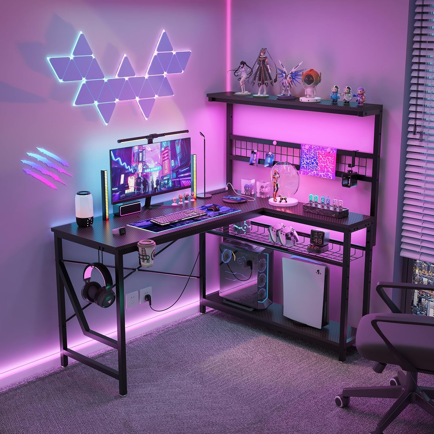 Bestier 42 L Gaming Desk,Computer Desk with Power Outlets, LED Lights, Reversible Corner Desk with 4-Tier Shelves,Cup Holder & Hook Black Marble