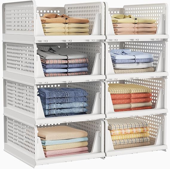 HOMIDEC Wardrobe Storage Organiser, 8 Pack Stackable Storage Baskets Boxes