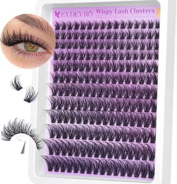 EYDEVRO Wispy Cluster Lashes Natural Lashes Individual Cluster 9-18mm 192 Pcs Lash Clusters CD Curl Eyelash Clusters Individual Eyelashes Reusable Comfortable False Eyelashes Manga Lashes