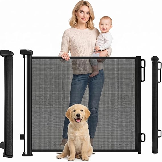 Rainberg Retractable Stair Gate for Baby & Pet with Secure 2-Step Lock 150cm Wide & 80cm Tall, One Hand Operated Baby Gate, Child Safety Gate for Doorways Stairs, Hallways, Kitchen (Black)