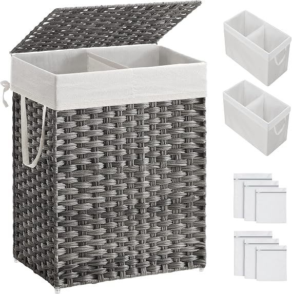 SONGMICS Laundry Hamper with Lid, 90L Clothes Hamper with 2 Removable Liner Bags & 6 Mesh Bags, Wicker Laundry Basket, Double Laundry Hamper for Bathroom, 13 x 18.1 x 23.6 Inches, Gray ULCB251G01V1