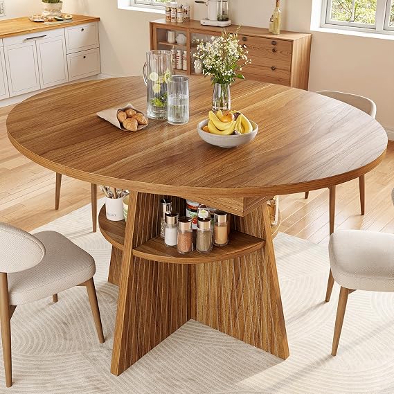 Extendable Dining Table 110-150cm, Round to Oval Dining Table, Wooden Kitchen Table for 4-8 People, Space Saving Dining Room Table for Living Room & Balcony, Dark Brown