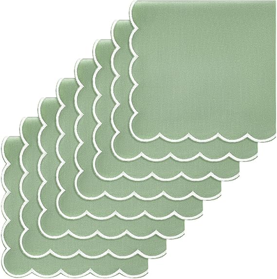 Mindsoft 8 Pcs Sage Green Wedding Cloth Napkins Scalloped Embroidered Dinner Napkins 100% Cotton Reusable Washable Decorative Table Napkin for Weddings Dinner Restaurant Party Decoration, 18 x 18 Inch