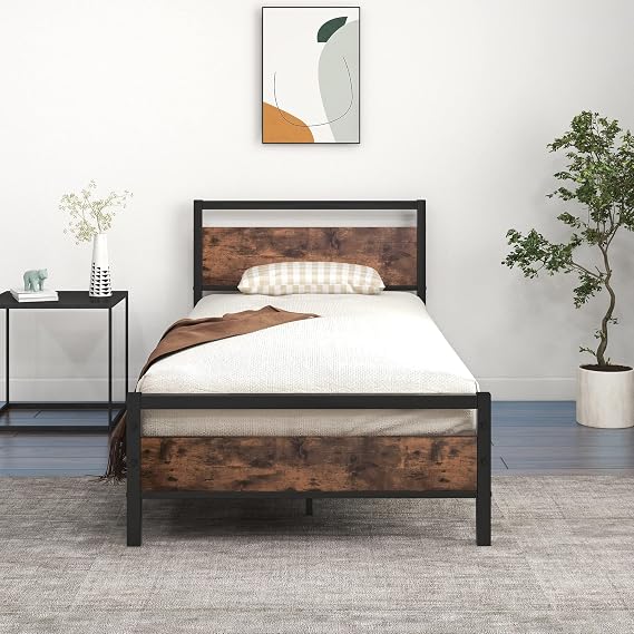 3ft Single Bed Frame with Wooden Headboard, Brown