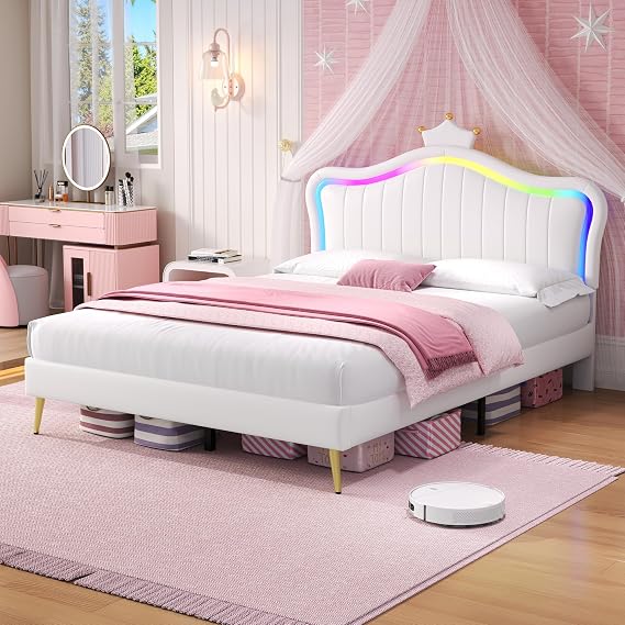 BTM Double Bed with LED Adjustable Crown Shape Headboard, PU Leather Single Bed Frame with Solid Wood Slat, 4ft6-135x190cm, Cream White (No Mattress)