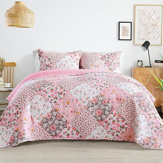 Whale Flotilla Reversible Patchwork Quilts Twin Size, 2 Pieces, Pink