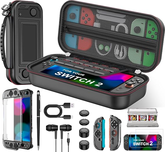 Switch2/Switch/OLED対応8 in 1 Switch 2アクセサリー スイッチ ケース、スクリーン プロテクター、保護 ケース、ジョイスティック キャップ、ヘッドフォン、スタイラス、カード ホルダー、データ ケーブル カバー 保護カバー 収納バッグ 持ち運び便利 大容量 収納バッグ 黒