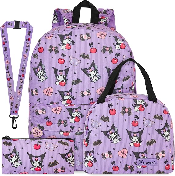 Get Trend Sanrio Kuromi Girls Backpack Set, 4 Pcs Corduroy Kids School Bag