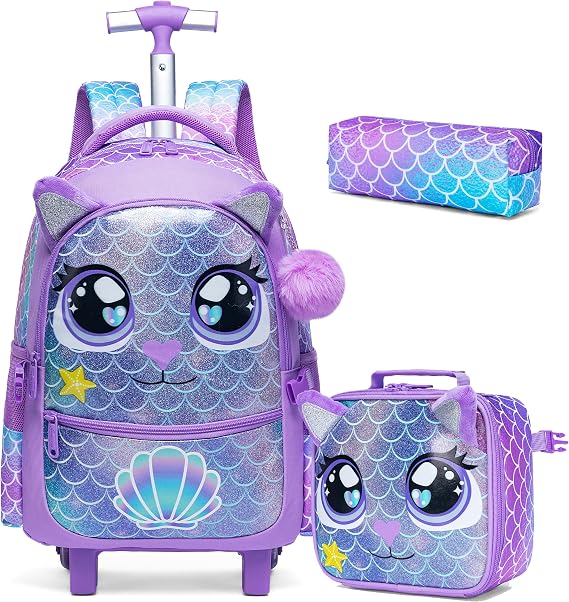 HTgroce 3PCS Rolling Backpack for Girls, Kids Roller Wheels Bookbag, Wheeled School Bag with Lunch Bag