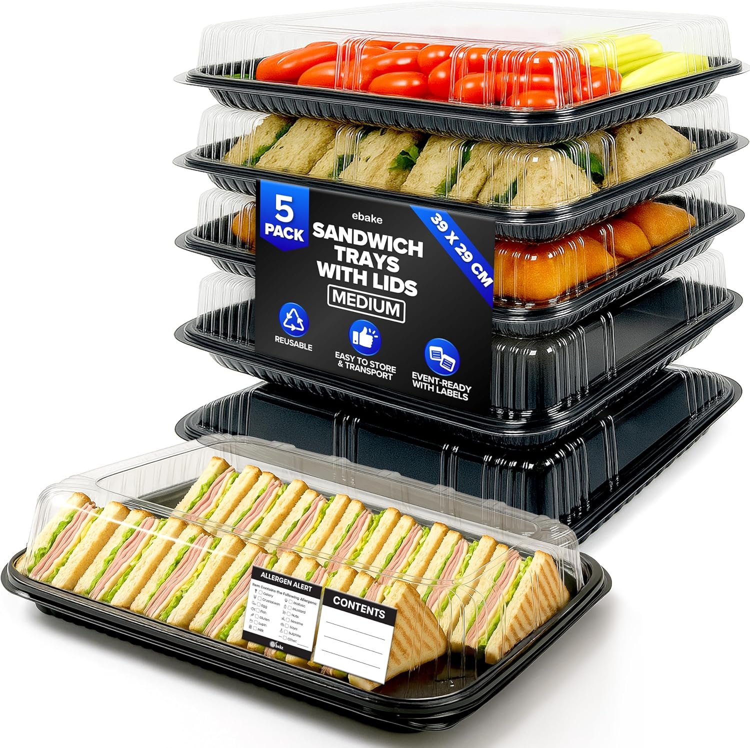 5 Pack Sandwich Platter Trays with Lids – Reusable Catering Food Trays for Parties, Buffets, Sushi, Sandwiches, Cake & Meal Prep 39cm x 29cm x 7.5cm